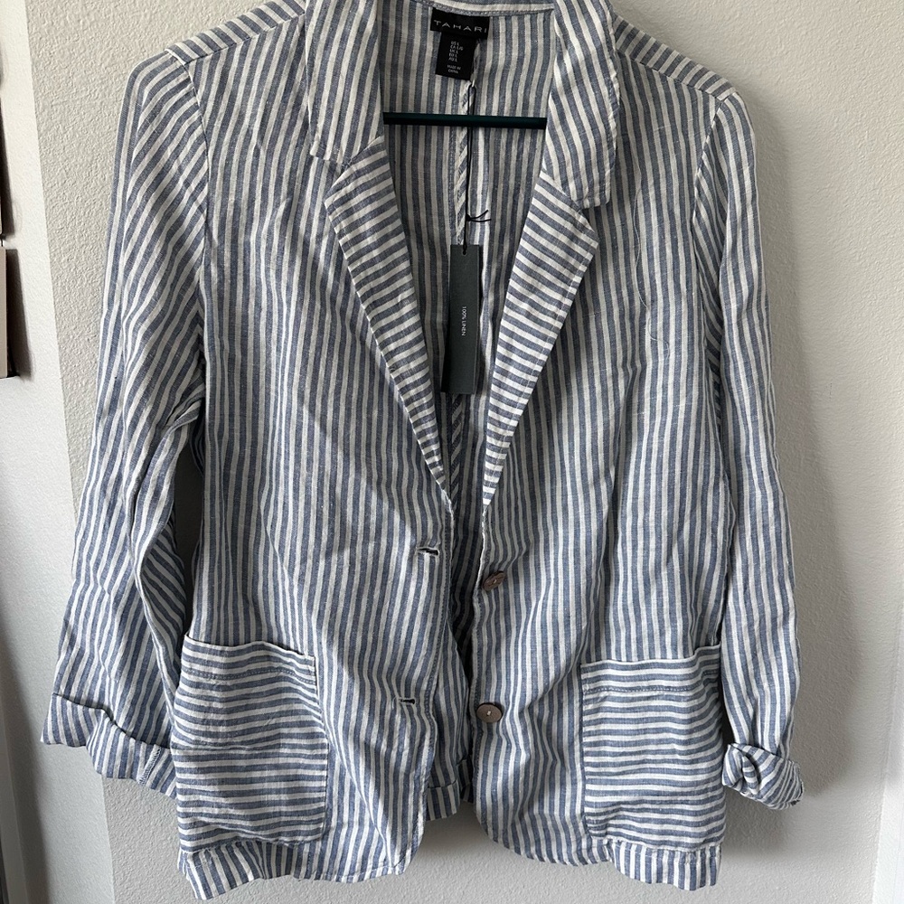 Tahari Blue and White Striped Blazer